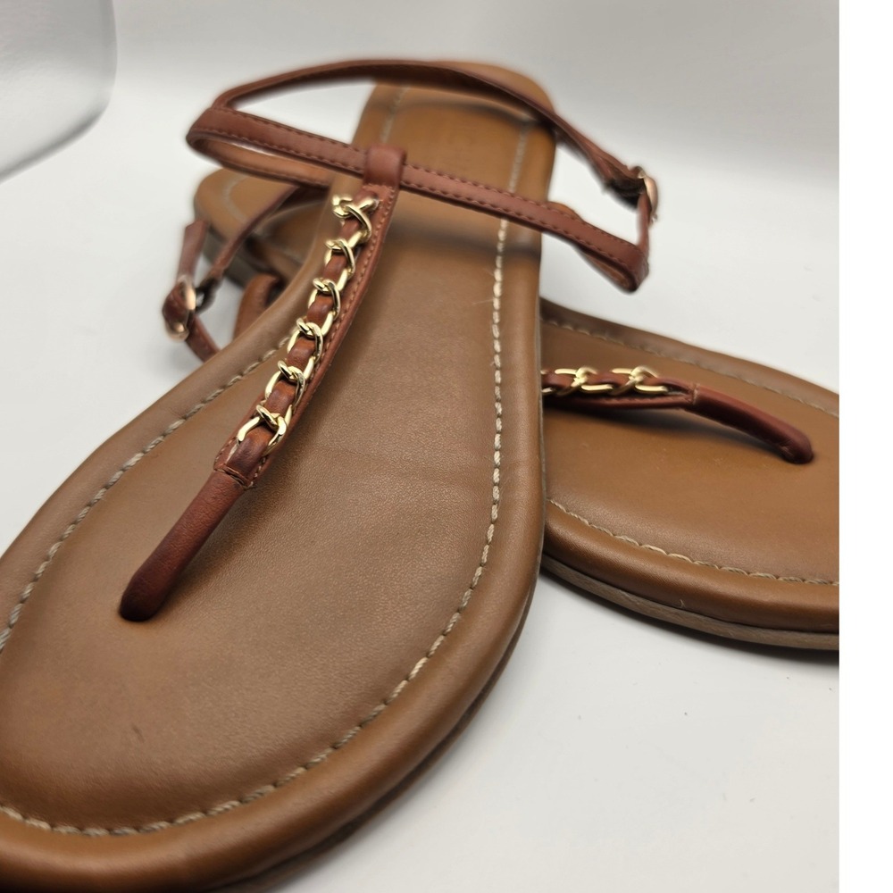 Michael Shannon Womens Cognac Brown Gold Chain Link T-Strap Flat Sandals 8